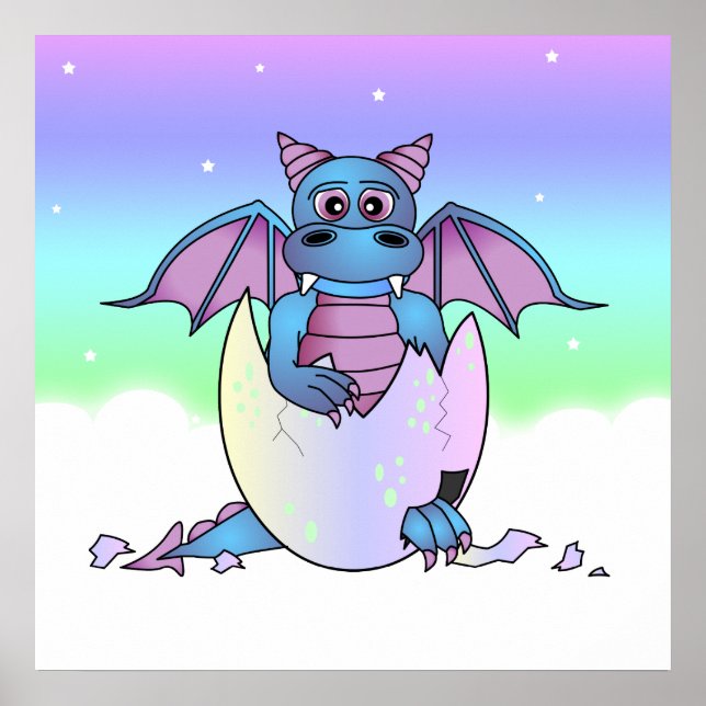 Cute Dragon Baby i krackade ägg - blått/Lila Poster (Framsidan)