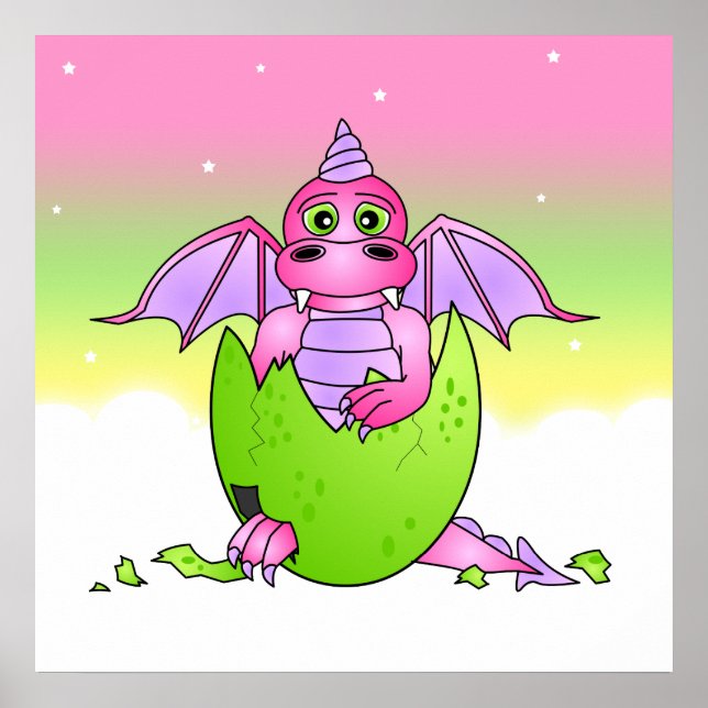 Cute Dragon Baby i krackade ägg - Rosa/Lila Poster (Framsidan)