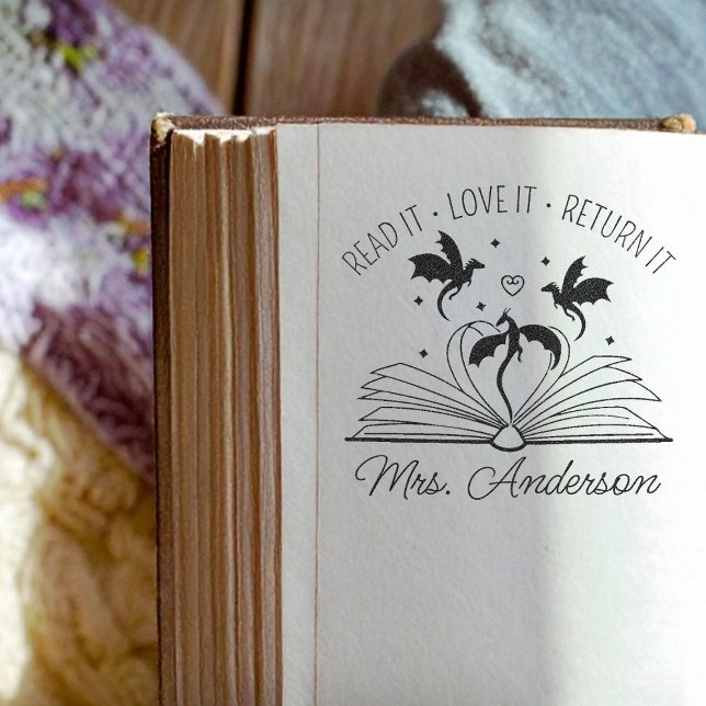 Cute Dragon Bibliotek Blommigt Grow din mind Lärar Självfärgande Stämpel (Skapare uppladdad)