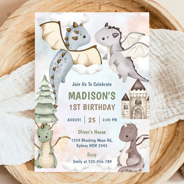 Cute Dragon Boy 1st Birthday Party Inbjudningar (Skapare uppladdad)