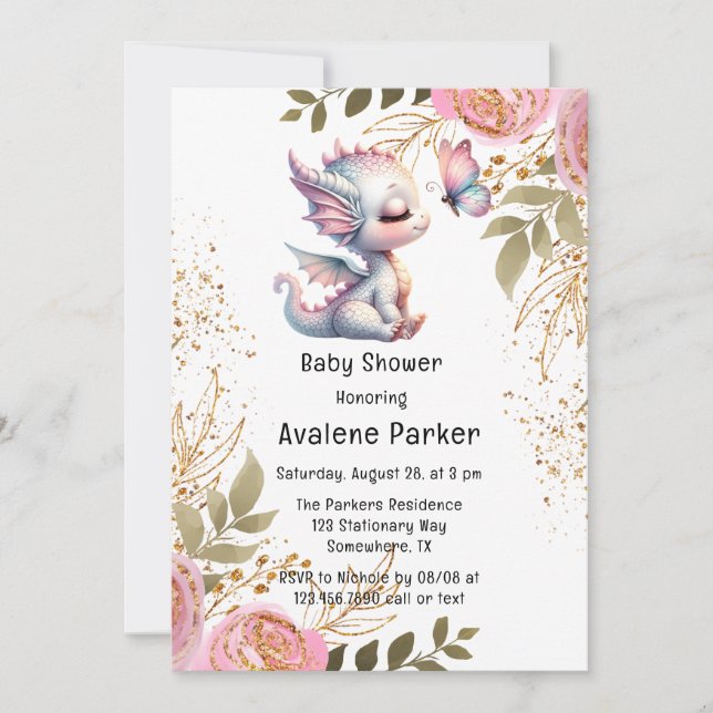 Cute Dragon & Butterfly Girl Baby Shower Inbjudningar (Framsida)