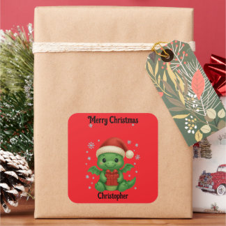 cute dragon Christmas holiday gift tag stickers Fyrkantigt Klistermärke