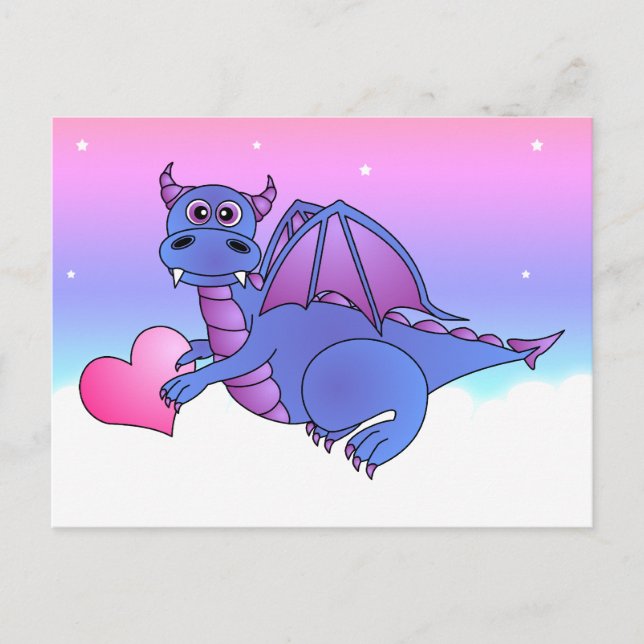 Cute Dragon Heart Postcard Blue - Rosa -Lila Vykort (Framsida)