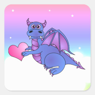 Cute Dragon Heart Stickers Blue - Rosa -Lila Fyrkantigt Klistermärke