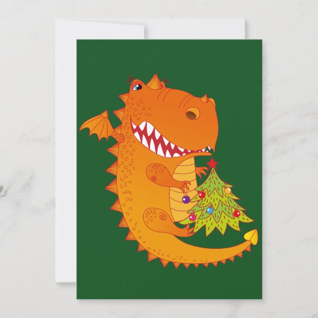 Cute Dragon Holding Julgran Julkort (Framsida)