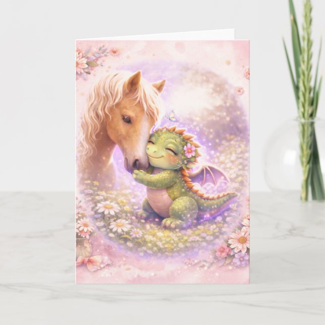 Cute Dragon & Horse Friendship Greeting Card Kort (Framsida)