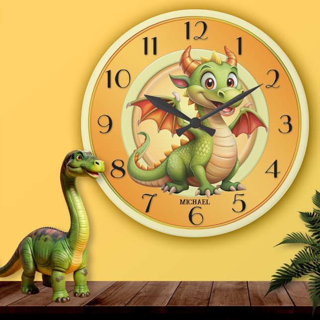 Cute Dragon Magic Fantasy Kids Rund Klocka (Wall clock featuring a cute magical fantasy dragon in warm pastel colors - gift for a child)