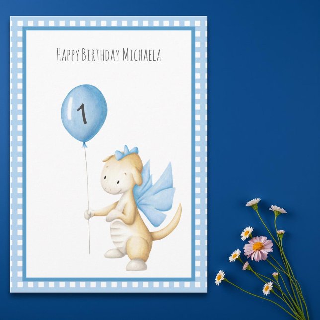 Cute Dragon med Balloon First Birthday Card Kort (Skapare uppladdad)