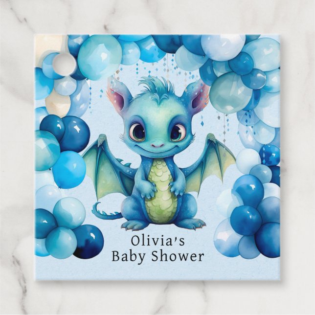 Cute Dragon med Blue Balloons Boy Shower Gåvor Etiketter (Framsida)