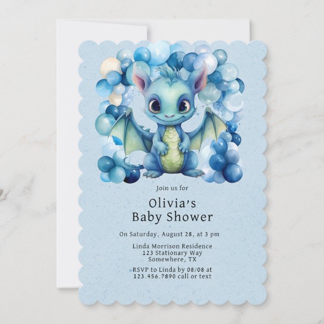 Cute Dragon med Blue Balloons Boy Shower Inbjudningar (Framsida)