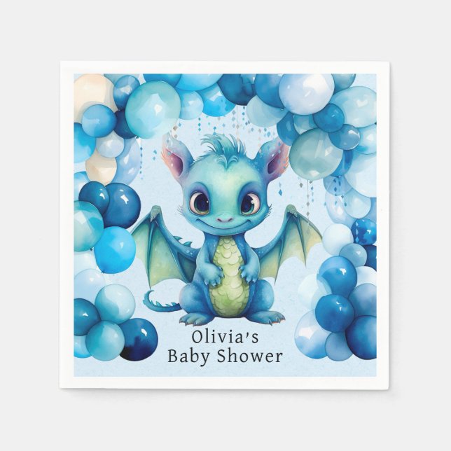 Cute Dragon med Blue Balloons Boy Shower Pappersservett (Framsidan)