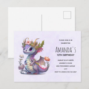 Cute Dragon med Elegant Krona Birthday-inbjudan Vykort