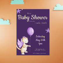 Cute Dragon med Lila Balloon Girl Baby Shower