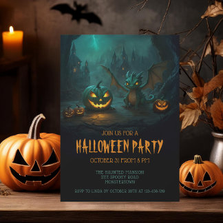 Cute Dragon med Scary Pumpkins Halloween fest Inbjudningar