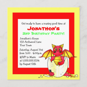 Cute Dragon Thed Child Bird Day - Red and Gult Inbjudningar