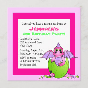 Cute Dragon Thed Child Bird Day - Rosa och Grönt Inbjudningar