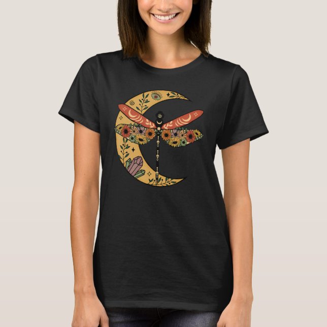 Cute Dragonfly Blommigt halv Måne för kvinnor Mo T Shirt (Framsida)