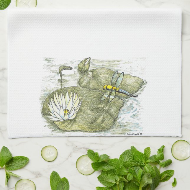 Cute Dragonfly & Lilly Pad Kitchen Trasa Kökshandduk (Vikta)