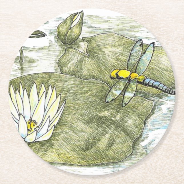 Cute Dragonfly och Lily Pad 4-tums Round Underlägg (Framsidan)