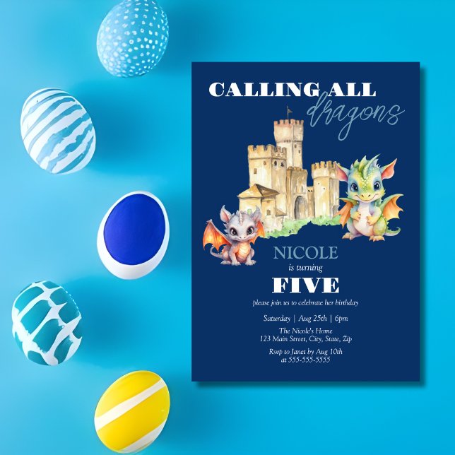 Cute Dragons Castle Fairytale Navy Barns födelseda Inbjudningar (Skapare uppladdad)