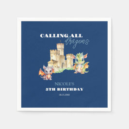 Cute Dragons Castle Fairytale Navy Barns födelseda Pappersservett