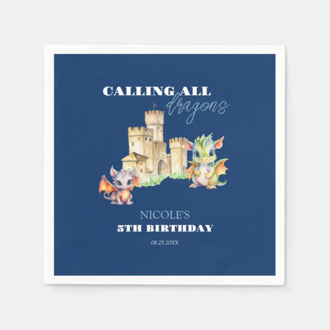 Cute Dragons Castle Fairytale Navy Barns födelseda Pappersservett (Framsidan)