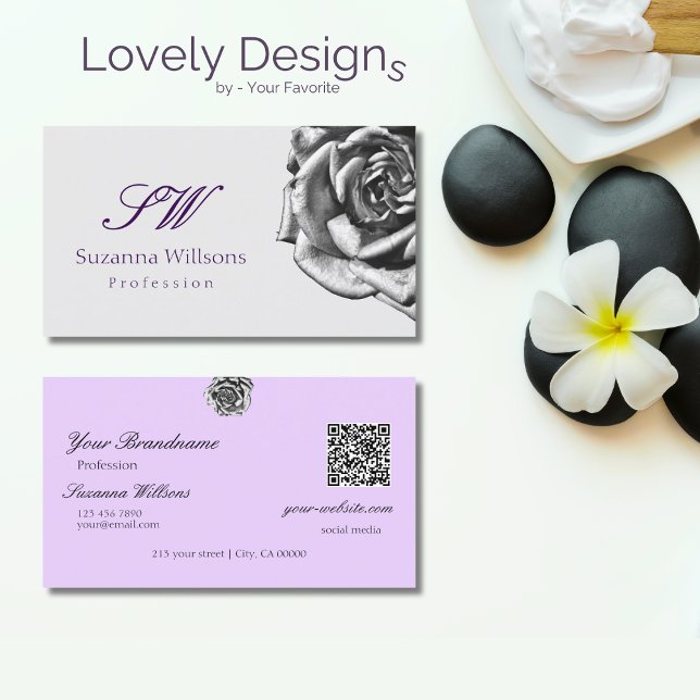 Cute Drawn Ro Plain Grått Lilac Initialer QR-kod Visitkort (Skapare uppladdad)