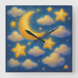 Cute Dreamy Night Sky - Pastel Painting Style Fyrkantig Klocka