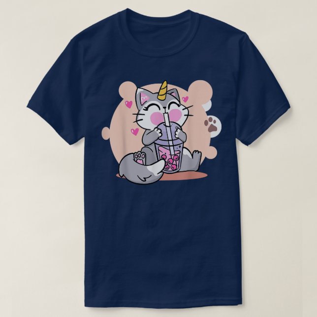 Cute Drinking Kawaii Boba Cat Bubble Anime Japanes T Shirt (Design framsida)