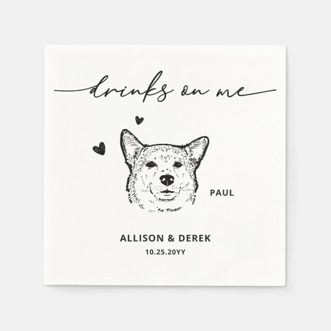 Cute Drinks on Me Pet Teckning Hund Sketch Bröllop Pappersservett (Framsidan)