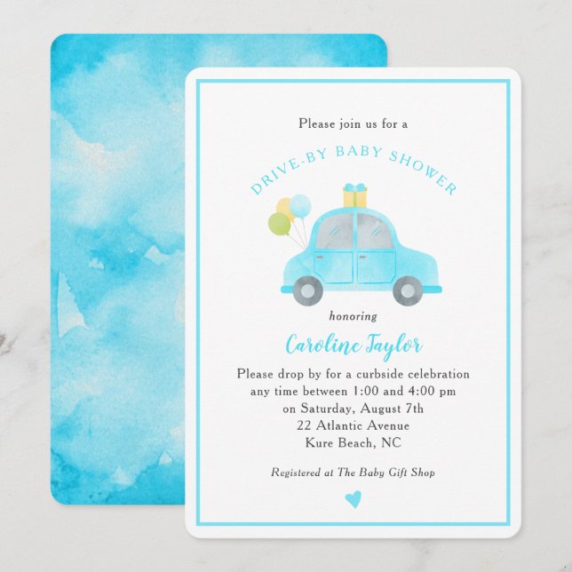 Cute Drive by Blue Car Balloons Boy Shower Inbjudningar (Fram/baksida)