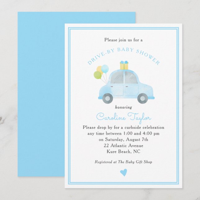 Cute Drive by Blue Car Balloons Boy Shower Inbjudningar (Fram/baksida)