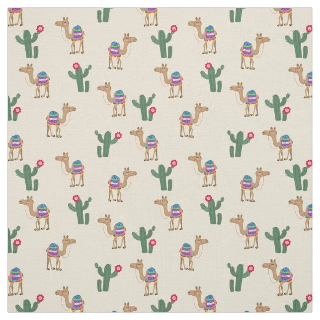 Cute Dromedary Camel och Cactus Fabric Tyg (Provkarta)
