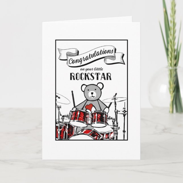 Cute Drummer Teddy Rockstar Sten Roll Baby Shower Kort (Framsida)