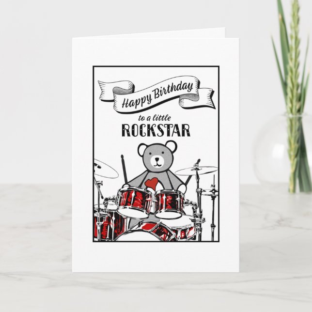 Cute Drummer Teddy Rockstar Sten & Roll Birthday C Kort (Framsida)