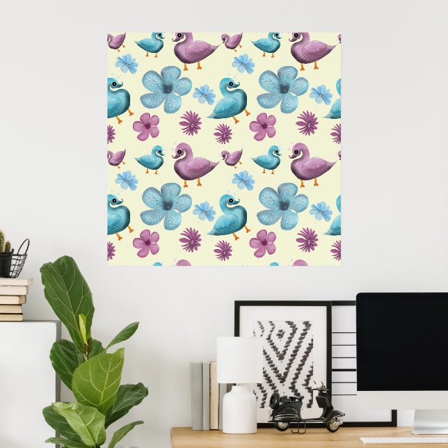 Cute Duck Floral Pattern Aesthetic Pastel Kawaii B Poster (Hemmakontoret)