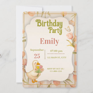 Cute Duck Floral Watercolor Birthday Party Invitat Inbjudningar