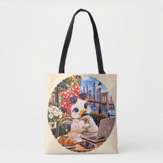 Cute Duck Girl in New York Cafe Travel Tote Bag Tygkasse