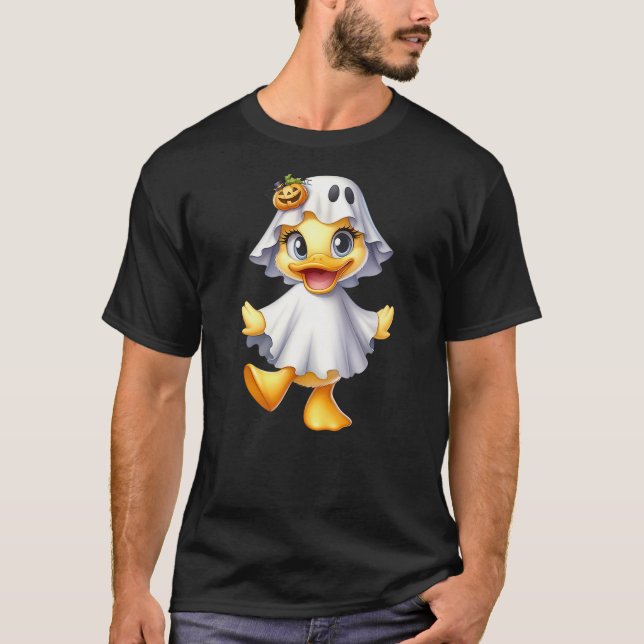Cute Duck In Halloween Ghost Costume T Shirt (Framsida)