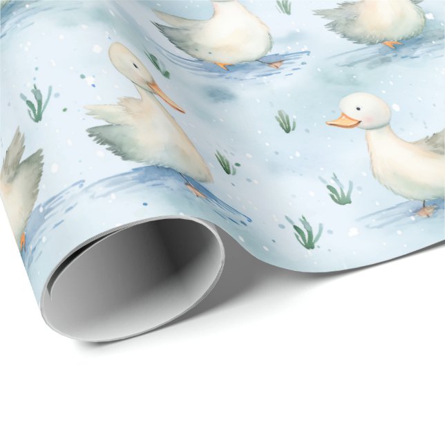 Cute Duck Pond Baby Boy Pattern,Watercolor Nursery Presentpapper (Rullad Hörn)