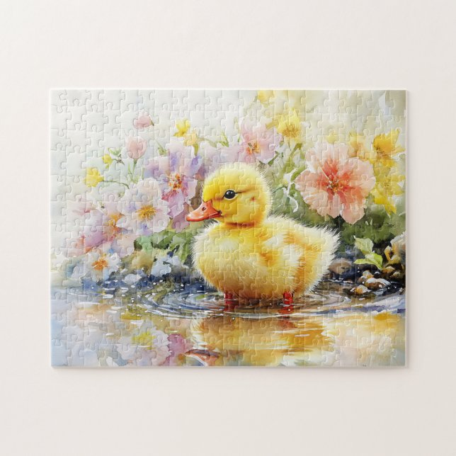 Cute Duckling med Flowers Watercolor Pussel (Horisontell)