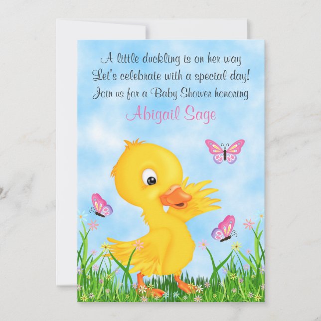 Cute Duckling och Butterflies Girl Baby Shower Inbjudningar (Framsida)