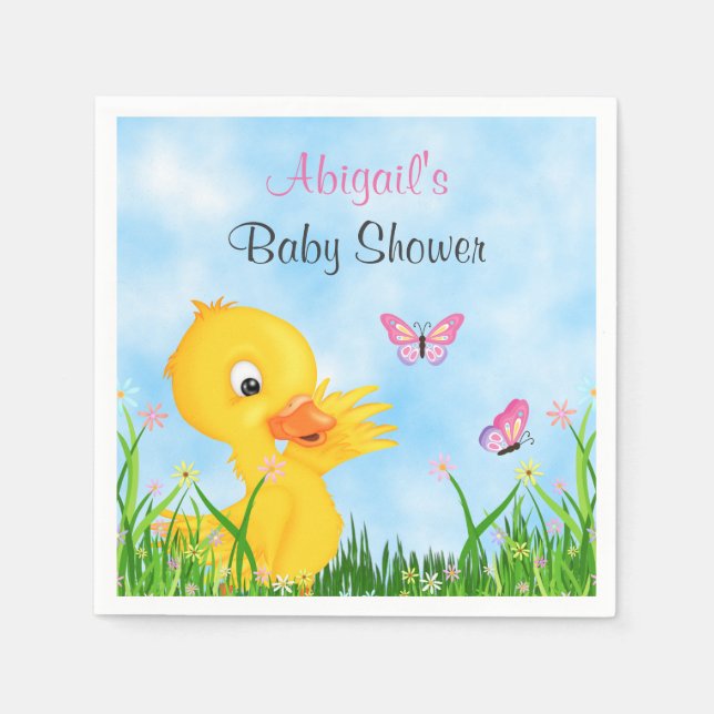 Cute Duckling och Butterflies Girl Baby Shower Pappersservett (Framsidan)