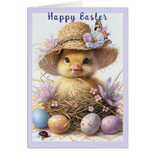 Cute Duckling Straw Hat Butterfly Ladybug Eggs Hälsningskort