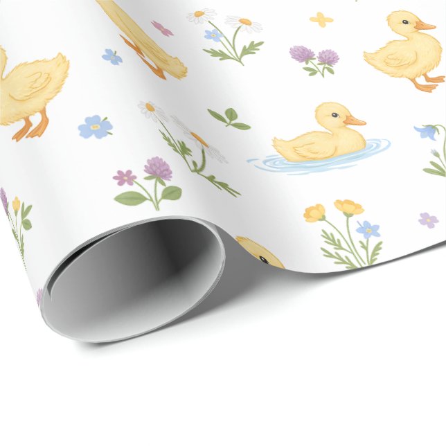 Cute Ducklings and Wildflowers Pattern Presentpapper (Rullad Hörn)