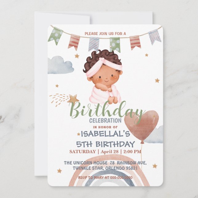 Cute duschafro Balloon Birthday Flickor party Inbjudningar (Framsida)