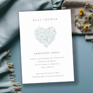 Cute Dusky Blue Blommigt Heart Baby Shower Inbjuda Tack Kort