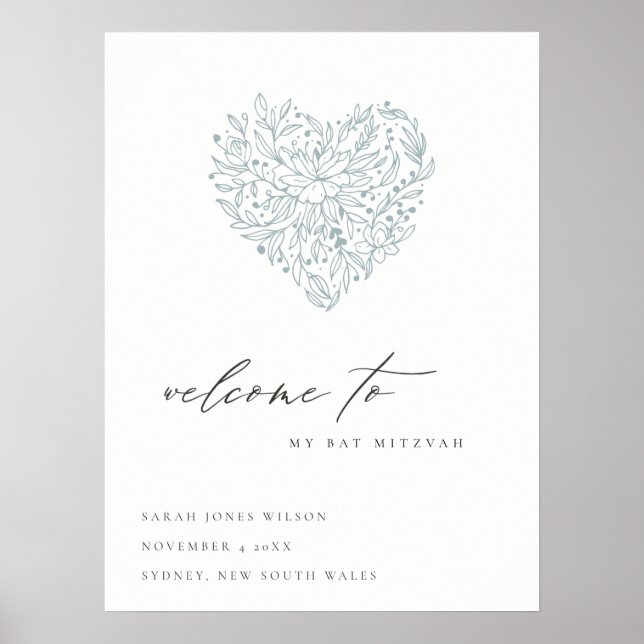 Cute Dusky Blue Blommigt Heart Bat mitzvah Välkomm Poster (Framsidan)