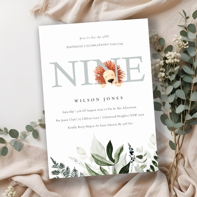 Cute Dusky Blue Lejon Foliage 9:e födelsedagen Inbjudningar (Skapare uppladdad)