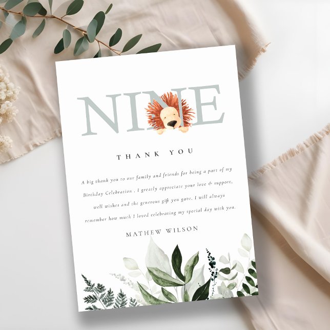 Cute Dusky Blue Lejon Foliage 9:e födelsedagen Tack Kort (Skapare uppladdad)